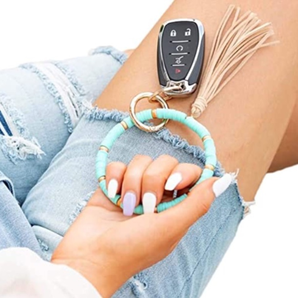 Polymer Clay BLUE Beaded Tassel Boho Keychain Bracelet
